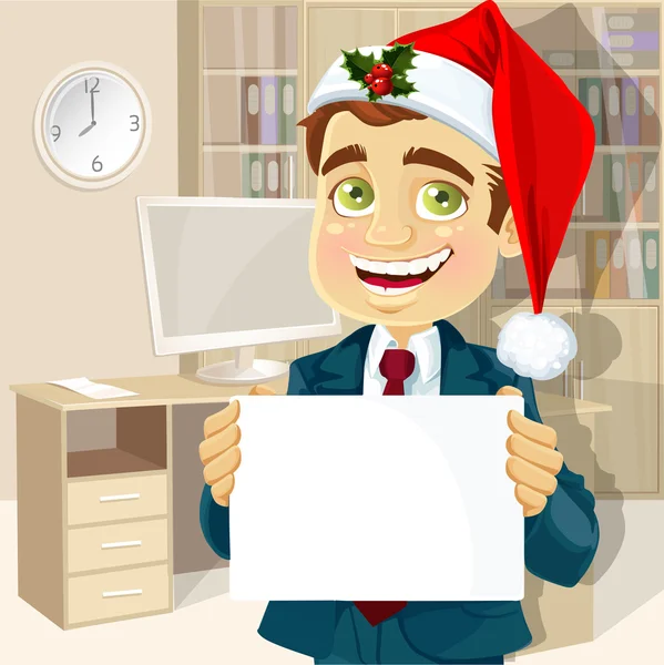 Kaufmann in einem Cap von Santa Claus mit leeren Poster für Ihren Text begrüßt frohes neues Jahr — Stockvektor