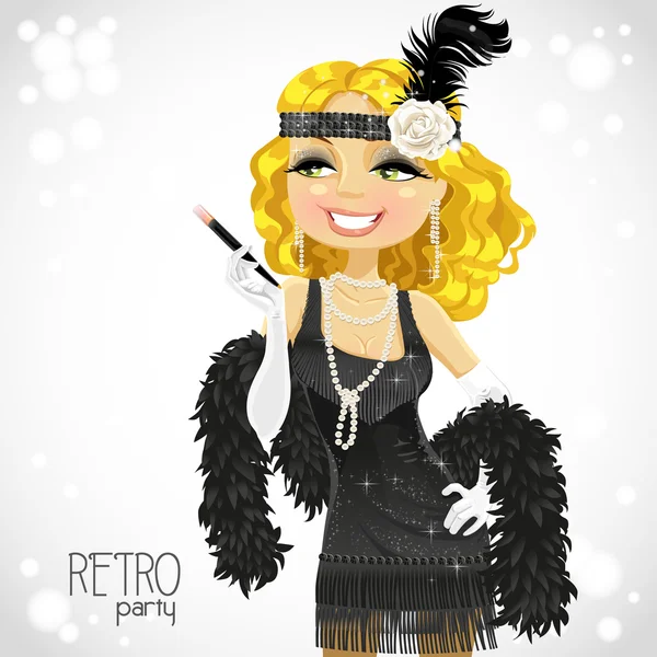 Blond woman with mouthpiece on white Retro party card — Stock Vector