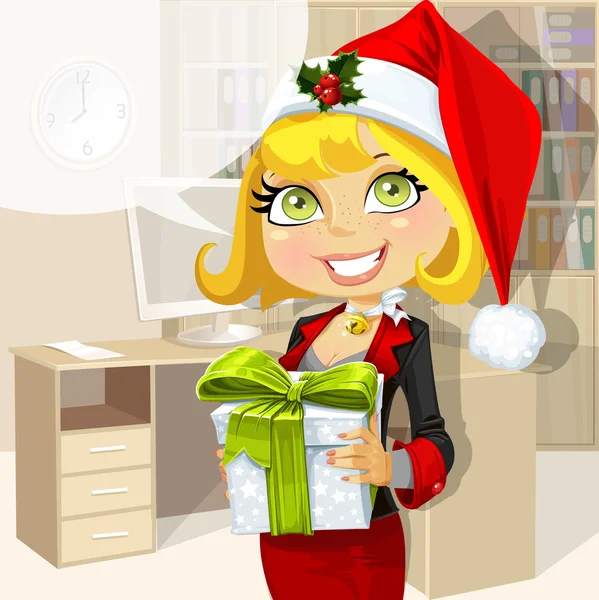 Business lady in Santa's cap in Christmas in morning office gives a gift from the company — Stock Vector