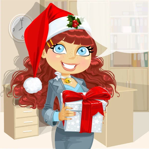Senhora jovem negócios no chapéu de Papai Noel dá um presente de empresa —  Vetores de Stock