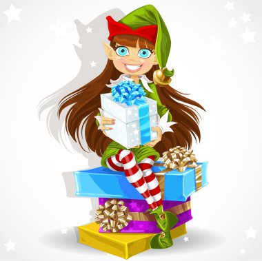 Şirin kızın yeni yıl elf Noel Baba'nın Yardımcısı bir Noel hediyesi vermek