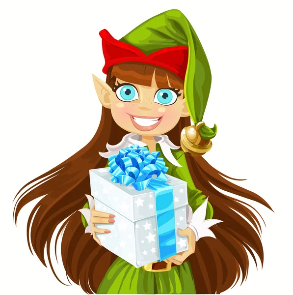 Cute elf Santa's assistant give a Christmas gift — Stock Vector