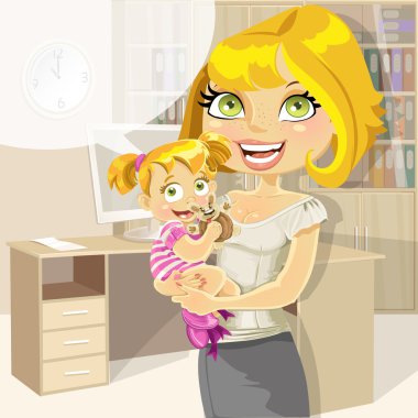 Pretty business mom with baby girl in office vector