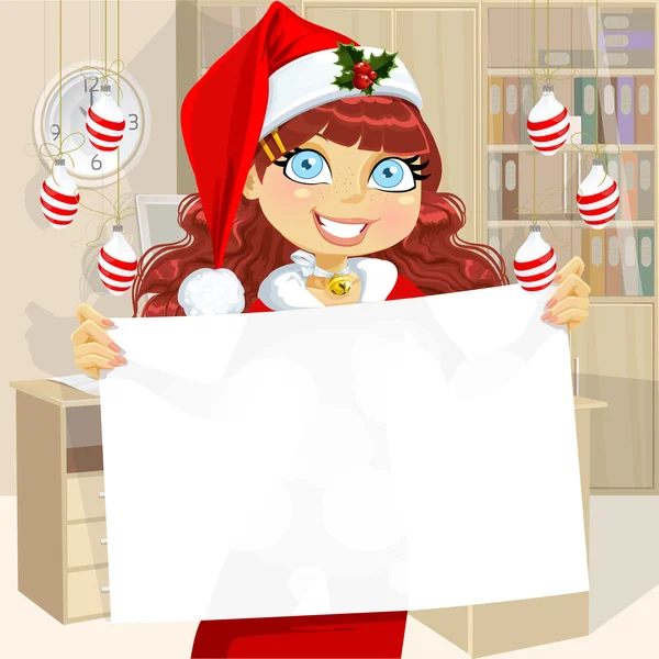 Cute business girl in Santa cap hold blank banner for your text — Stock Vector