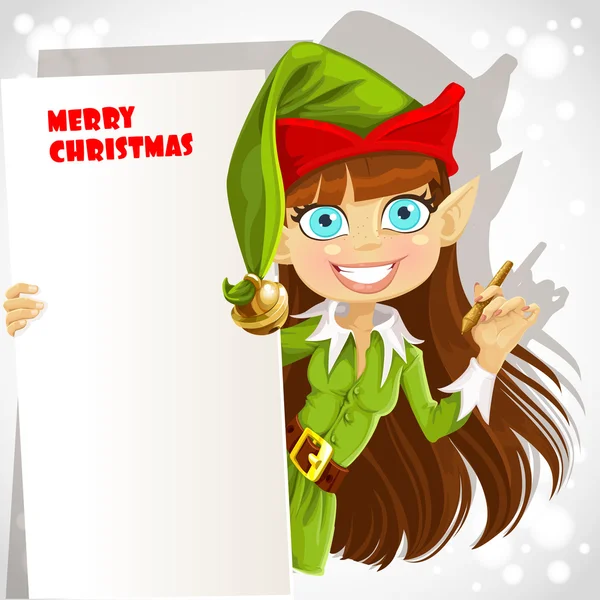 Cute girl the Christmas elf with a banner for your congratulation — Stockvektor