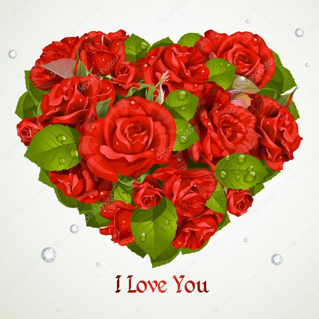 Heart fromf red roses Valentine`s day card