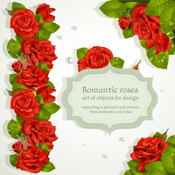 Conjunto de esquinas y guirnalda de repetición para el diseño de rosas rojas románticas — Vector de stock