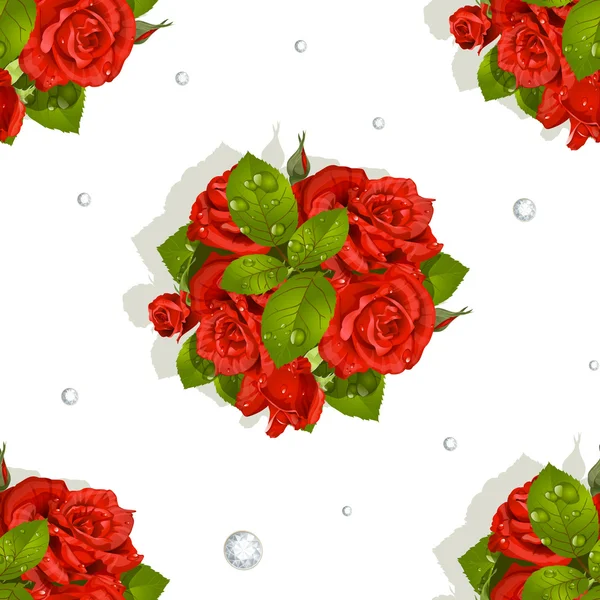 Patrón sin costuras de un romántico ramo de rosas rojas y diamantes — Vector de stock