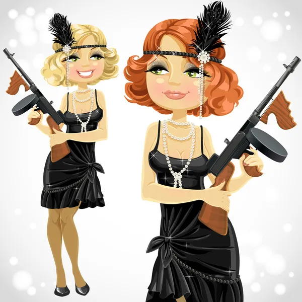 Pretty girl in retro dress with a gun Thompson - Stok Vektor
