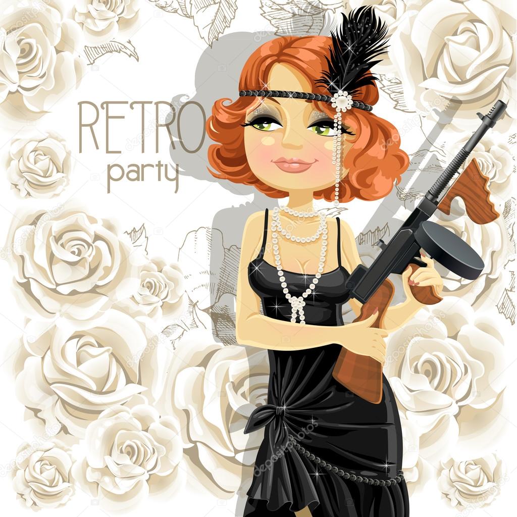 Pretty girl with a gun Thompson on the invitation to retro party