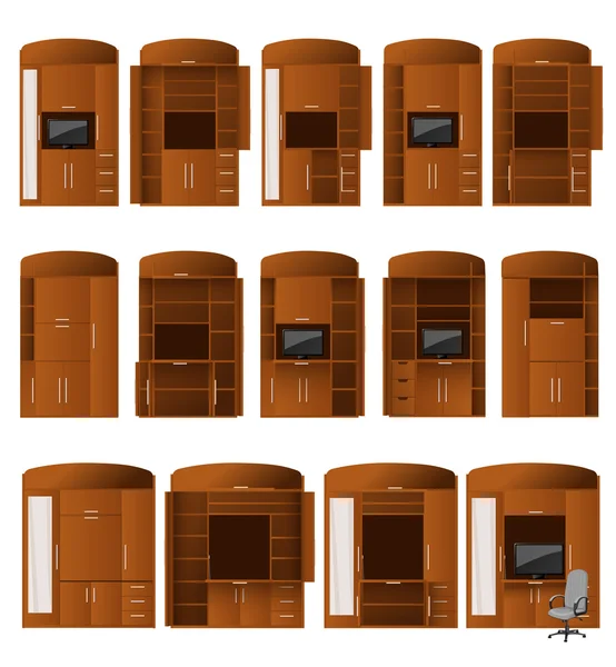Colección de gabinetes oficinas de diferentes configuraciones para un cómodo trabajo y almacenamiento — Vector de stock