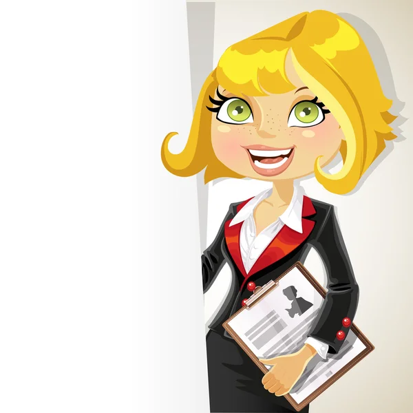 Blond business woman with white banner for your text — Stock Vector