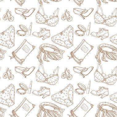 Seamless pattern of female subjects - underwear, cosmetics, shoes clipart