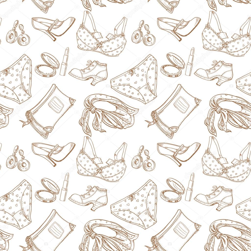 Seamless pattern of female subjects - underwear, cosmetics, shoes