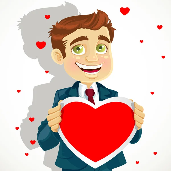 Lindo hombre que sostiene un saludo día de los enamorados de San Valentín — Vector de stock