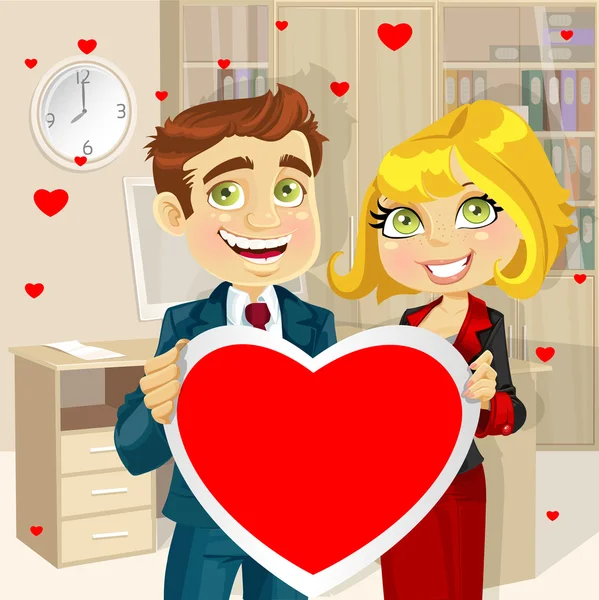 Cute businessman and business woman in office holding a valentine greeting Valentine's day — Stock Vector