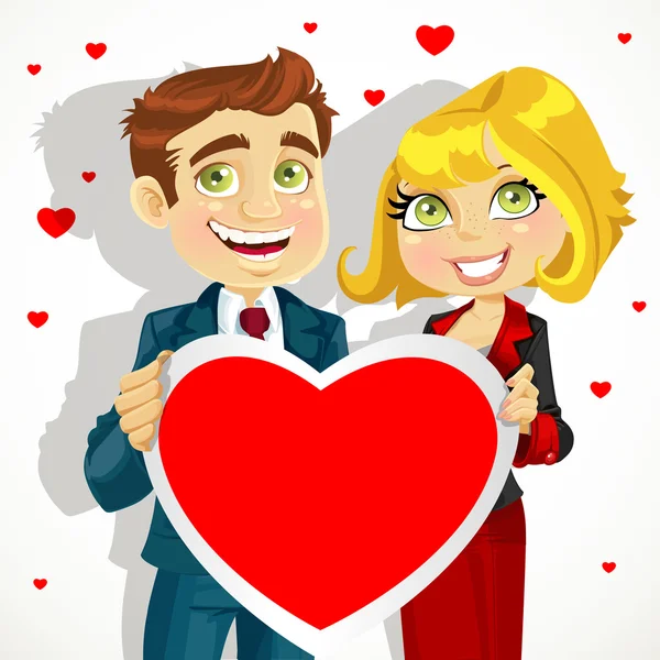 Cute man and woman holding a valentine greeting Valentine's day — Stock Vector