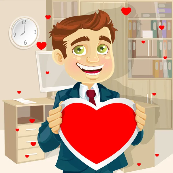 Lindo empresario en la oficina con una tarjeta de felicitación de San Valentín — Vector de stock