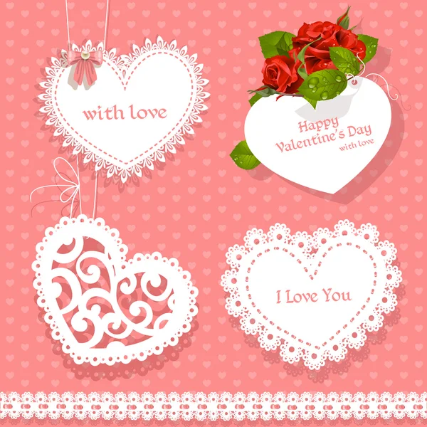 Set of cards Valentine heart-shaped for your congratulations on seamless background — Stock Vector