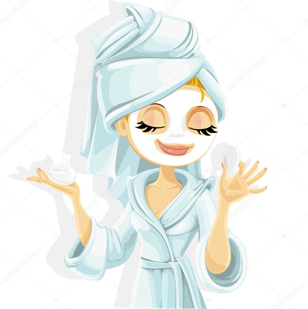 Cute girl with a cosmetic mask on her face in bathrobe isolated on white background