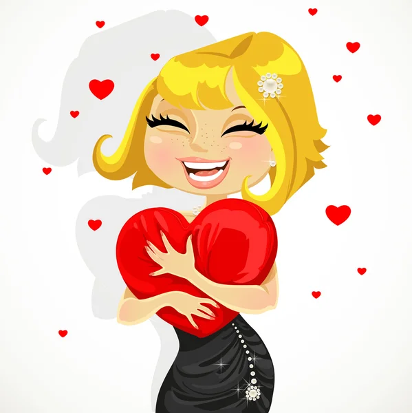 Cute girl in an evening dress hugging a soft pillow-heart — Stock Vector