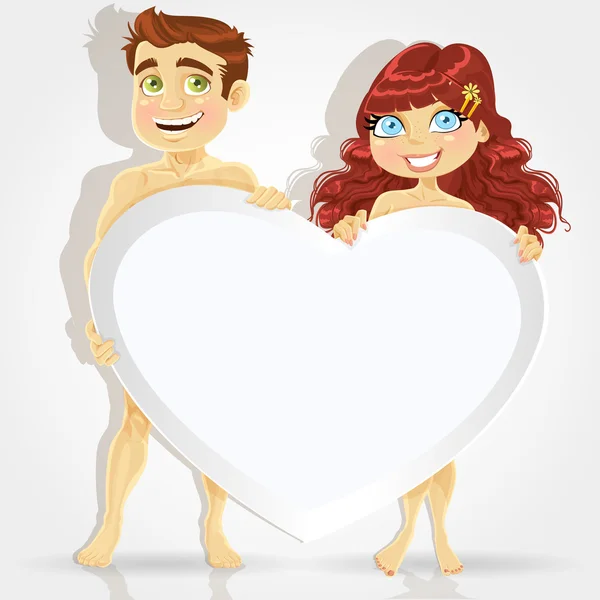 Mignon homme nu et une femme tenant une affiche en forme de coeur pour votre message — Image vectorielle