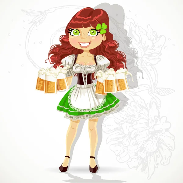 Linda chica con vasos de cerveza en un traje de día de San Patrick — Vector de stock