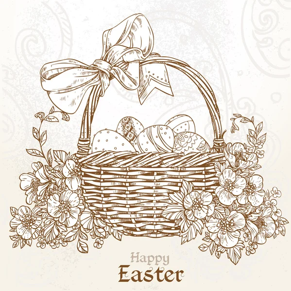 Happy Velikonoční přání s košíkem kraslic v barvách ročníku — Stockový vektor