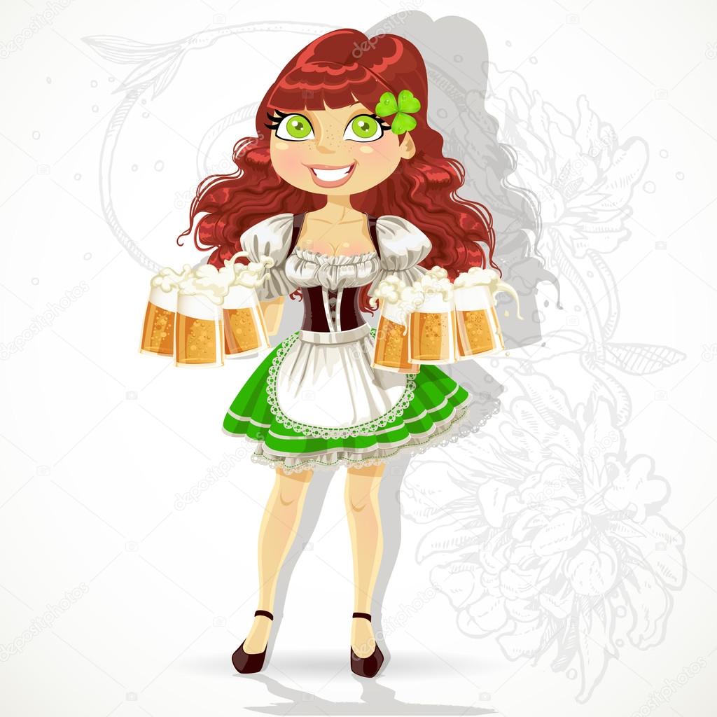 Cute girl with glasses of beer in a suit St. Patrick's Day