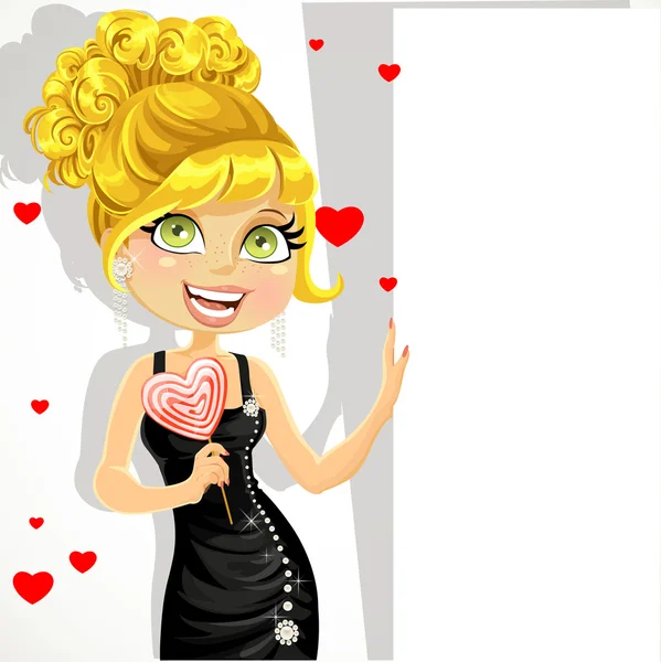 Красивая девушка в вечернем платье с сладкие сердца конфеты держит плакат — стоковый вектор