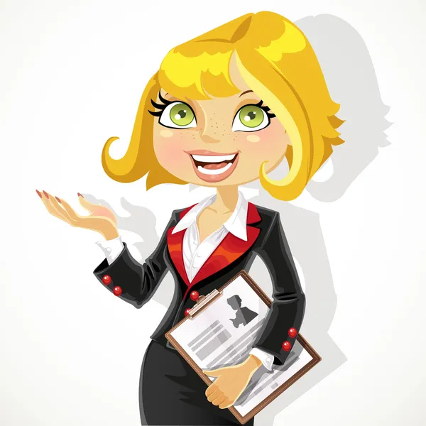 Blond business woman explains something or gives a presentation — Stock Vector