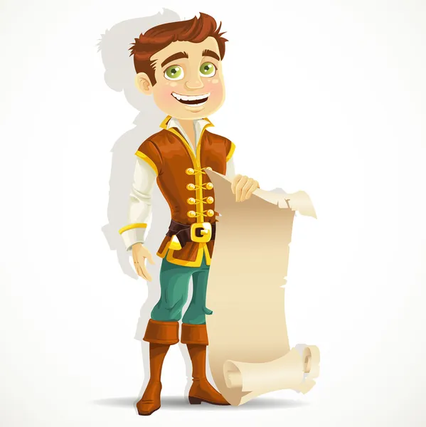 Cute prince with a scroll of parchment for your banner — Stock Vector