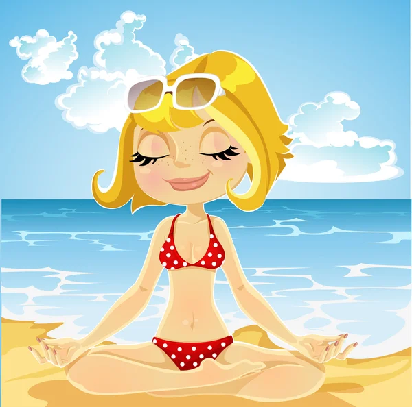 Härlig blondin i en baddräkt praxis yoga på stranden — Stock vektor