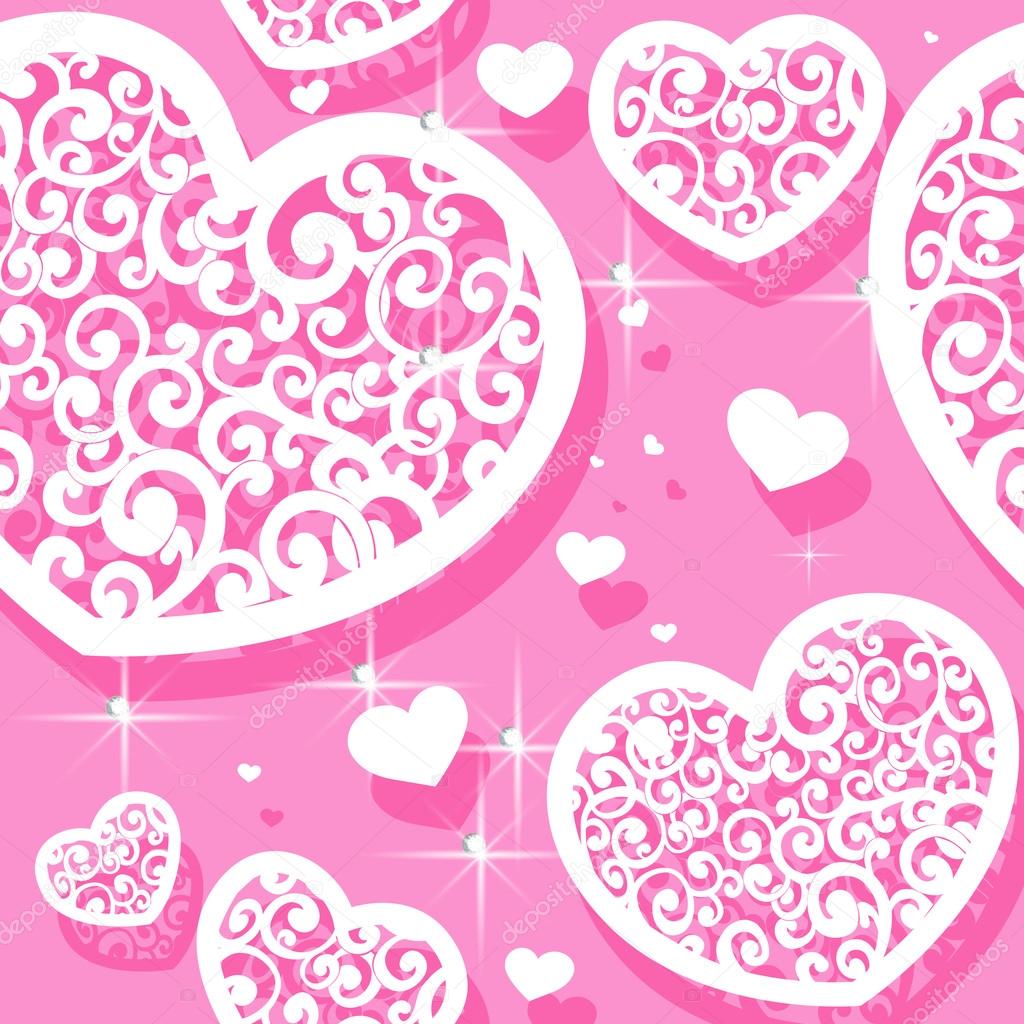 Pink seamless pattern of appliques of hearts Valentine and diamonds
