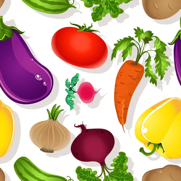 Безшовний візерунок яскравих овочів на білому тлі - помідор, буряк, баклажани, огірок — стоковий вектор
