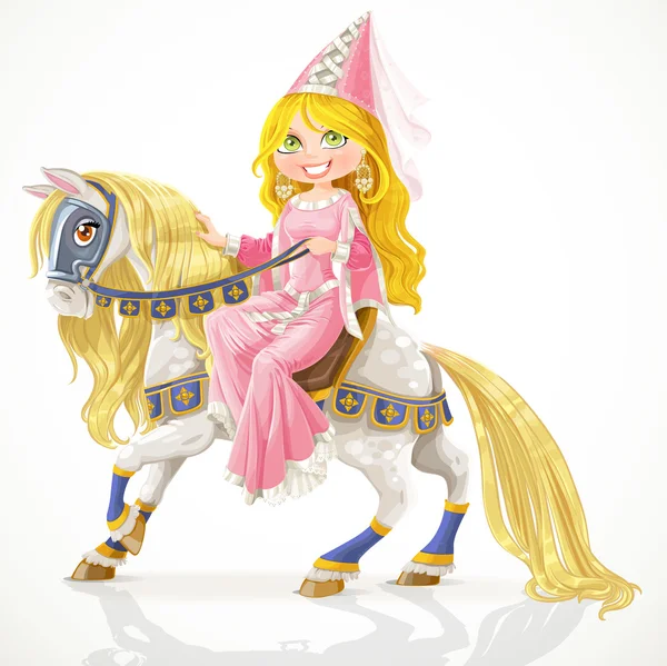 Όμορφη πριγκίπισσα σε ένα λευκό άλογο με χαίτη χρυσή σε πρόσδεσης — Διανυσματικό Αρχείο