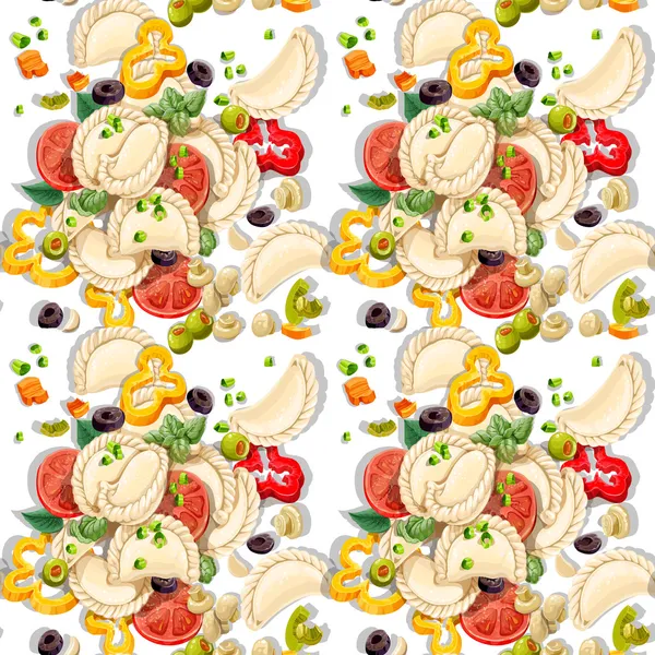 Seamless pattern of Ukrainian national dish dumplings with greens and vegetables — Stock Vector