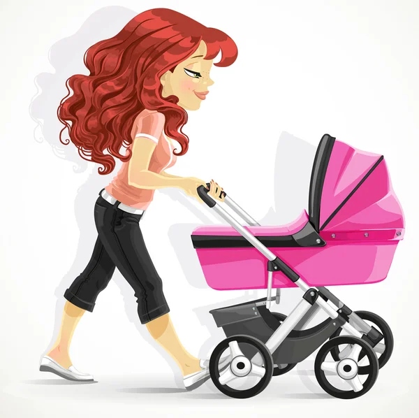 可爱母亲与上粉红色婴儿车走上孤立的白色背景 — 图库矢量图片