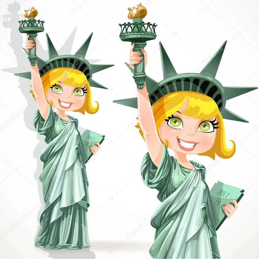 Blonde girl dressed as the Statue of Liberty with torch