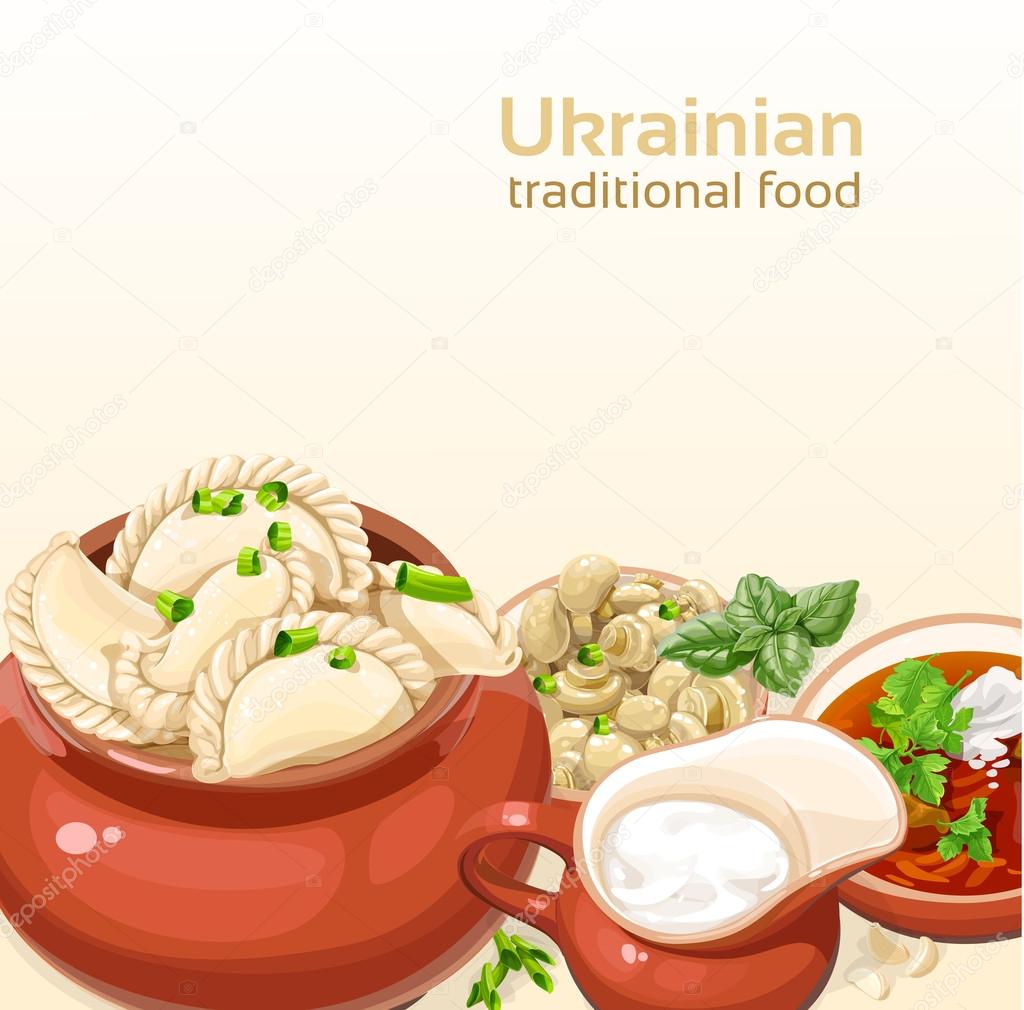 Ukrainian traditional food background with dumplings and soup for your design