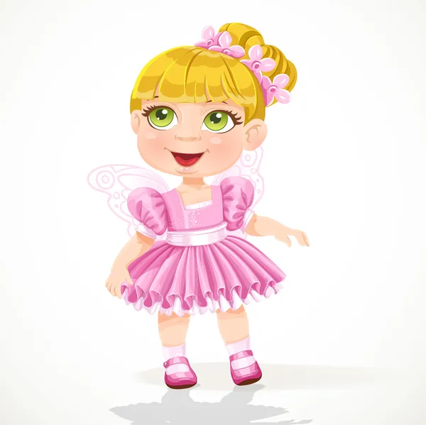 Menina bonitinha em uma saia de ballet rosa e asas — Vetor de Stock