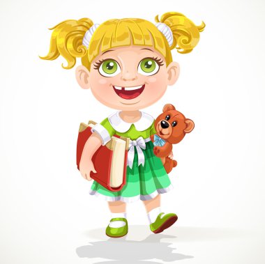 Cute little girl with a teddy bear and a book under his arm vector