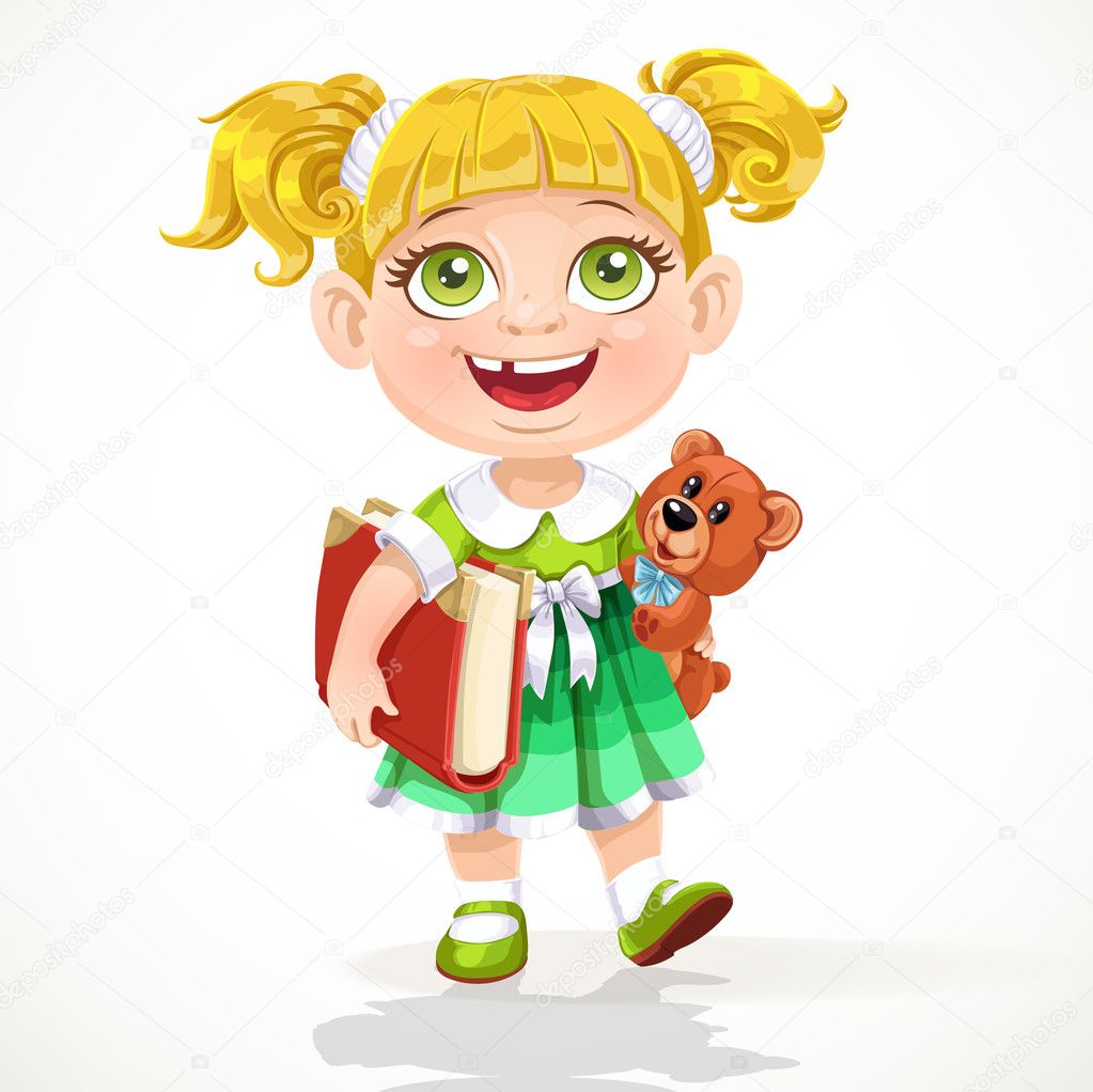 cute little girl with a teddy bear and a book under his arm