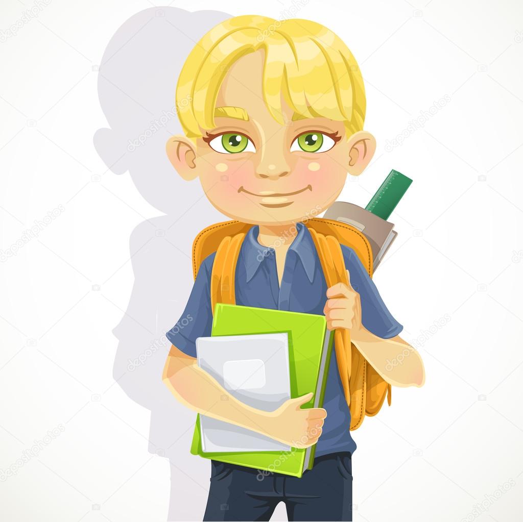 Cute schoolboy with textbooks and notebooks backpack