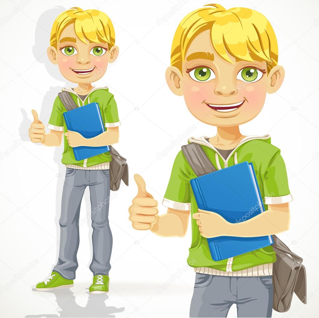 Blond teenage boy with a textbook shows ok