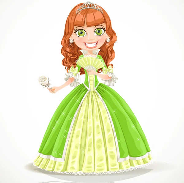 Beautiful princess with brown hair in a green dress — Stock Vector