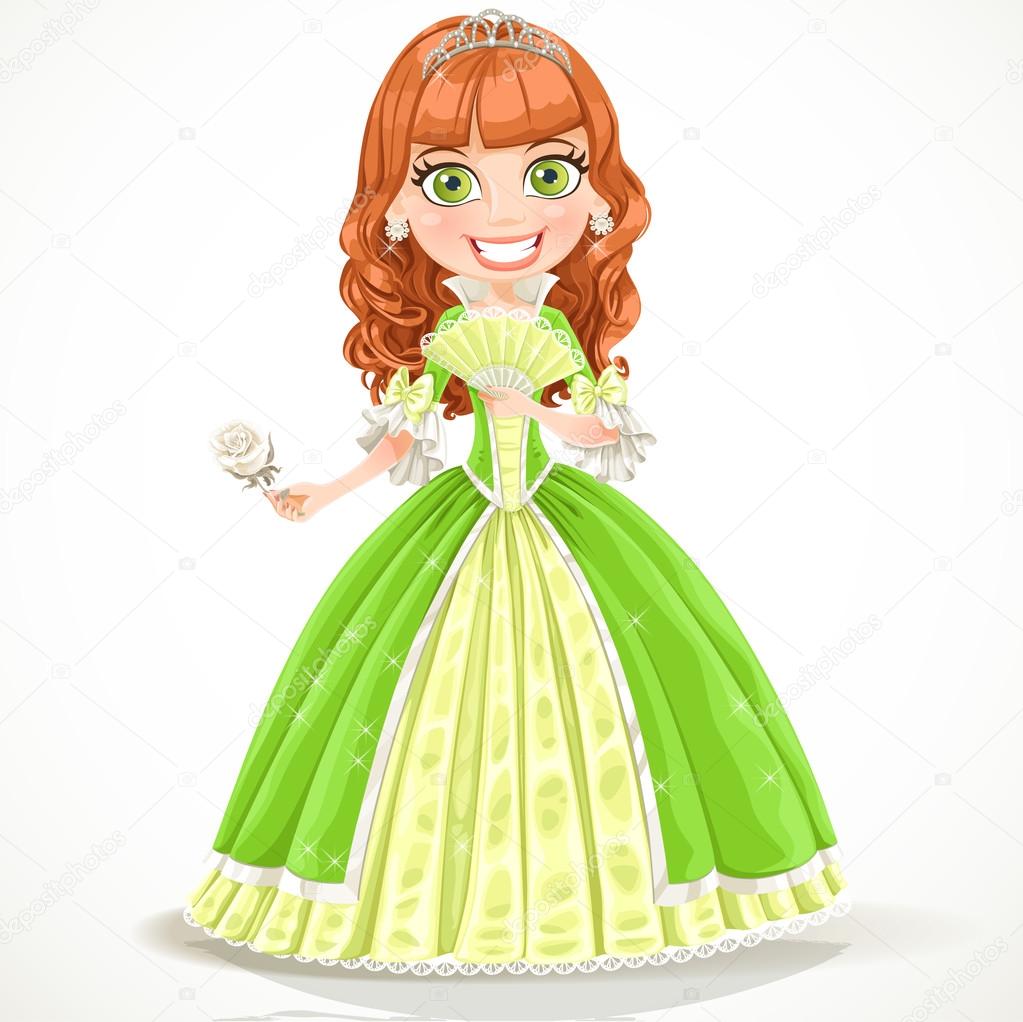 Hermosa princesa con cabello castaño con un vestido verde Vector