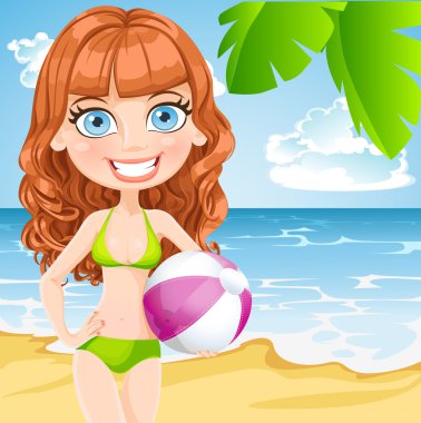 sunny Beach bir şişme top ile bir mayo içinde genç kız
