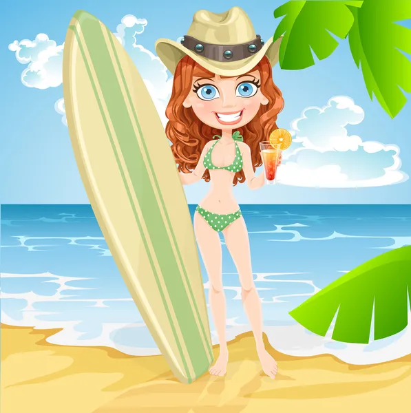 Cute girl with a glass of juice and a surfboard on a sunny beach — Stock Vector