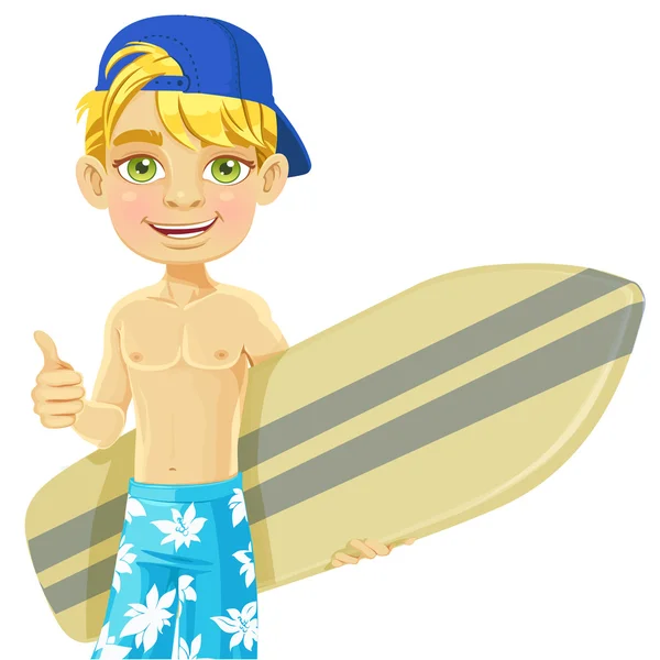Sevimli genç çocuk beyaz bir arka plan üzerinde izole bir surfboard ile — Stok Vektör